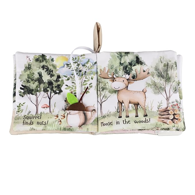 Ali+Oli Baby Cloth Book – Soft Sensory Crinkle Book with Teether for Infants 0-12 Months – Early Learning Touch & Feel Tummy Time Toy – Newborn Shower Gift for Boys & Girls - Forest Friends