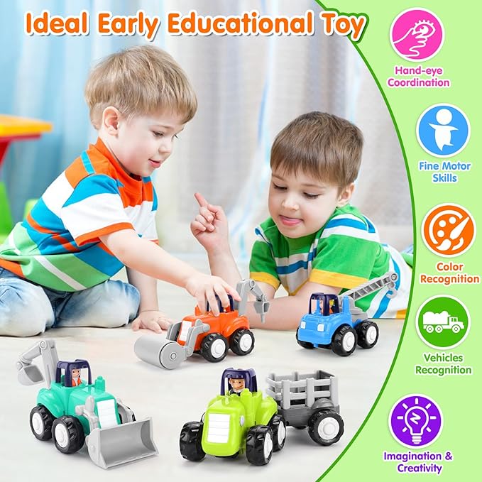 ORWINE Inertia Trucks Toy Cars, Early Educational Baby Boy Toys 18 Months, Push and Go Cars Gifts for Boys & Grils, 4PCS Construction Vehicles for Toddler Outdoor & Indoor