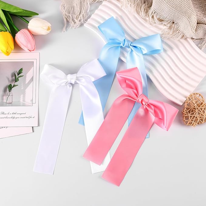 2-Pack Long Satin Ribbon Hair Bows for Girls – Elegant Silk Hair Clips for Toddlers, Infants, Teens & Kids - White