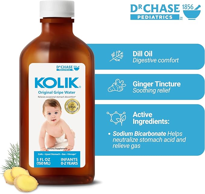 KOLIK Original Gripe Water - Baby’s Colic Relief with Ginger & Dill Oil - Gripe Water for Babies & Infants - Baby Gas Relief for Stomach Discomfort & Hiccups - Newborn Essentials - 150ml (5 fl. oz.)