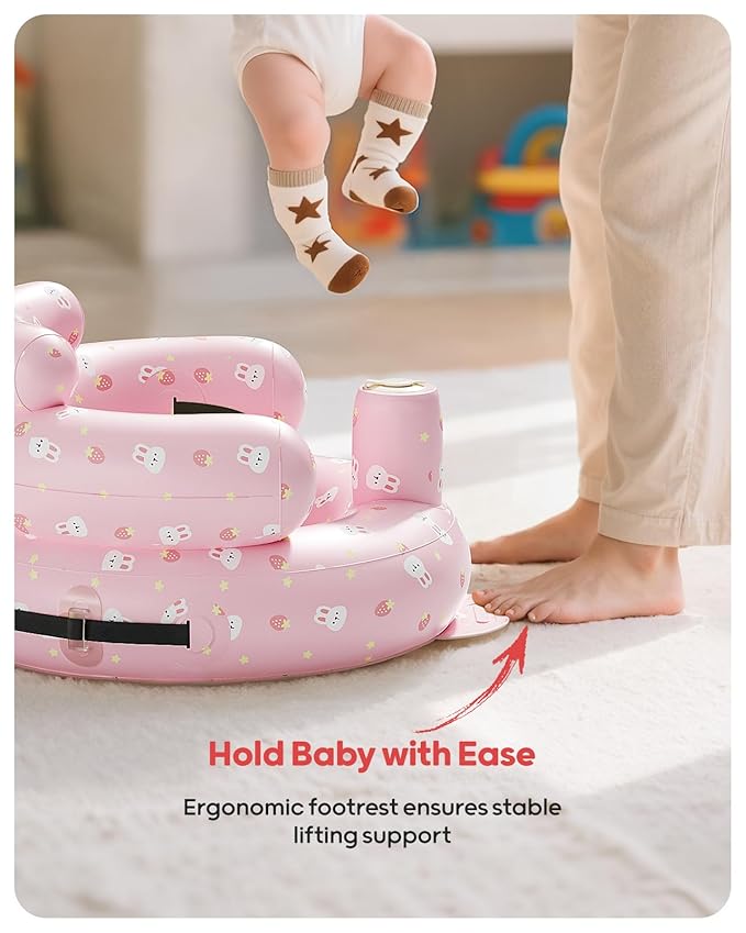QPAU Inflatable Baby Seat with Safety Harness for Babies 3 Months & Up, Baby Floor Seats for Active Play, Blow Up Baby Chair with Built in Air Pump (Pink Rabbit)