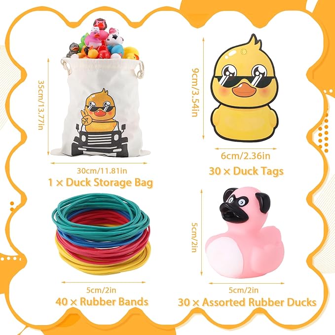 30Pcs Rubber Ducks for Ducking with 30 Duck Tags 40 Rubber Bands with Storage Bag, Random Ducks for Jeeps Ducking Decor Baby Bath & Pool Toys Party Favors