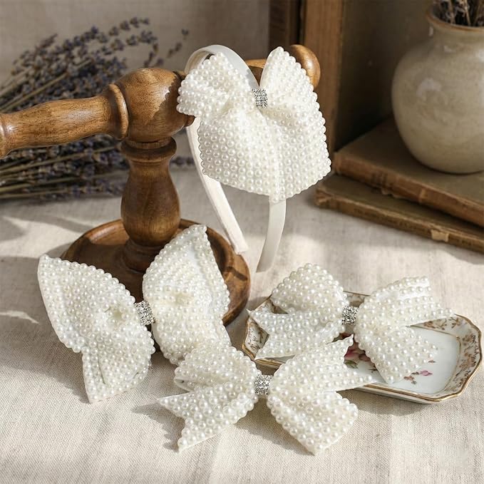 JIAHANG Baby Girls Hair Bow Headband and Clips Set, Children Hair Accessories Gift 4Pcs Set (pearlseriesB)
