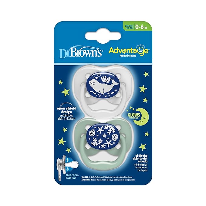 Dr. Brown's Advantage Baby Pacifier, Fully Symmetrical Soother with Soft Silicone Bulb, Glow-in-The-Dark Blue Sunrise-Blue Ocean, 0-6m, BPA-Free, 4-Pack