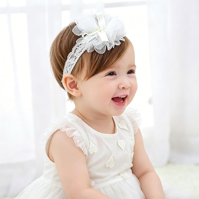 Baby Girls Hairband White Bow Lace Headbands Handmade Soft Stretchy Wide Head Band Newborn Hairbands with Bows Pearls Elastic Headband for Infant Hair Accessories（Ribbon Big Flower）
