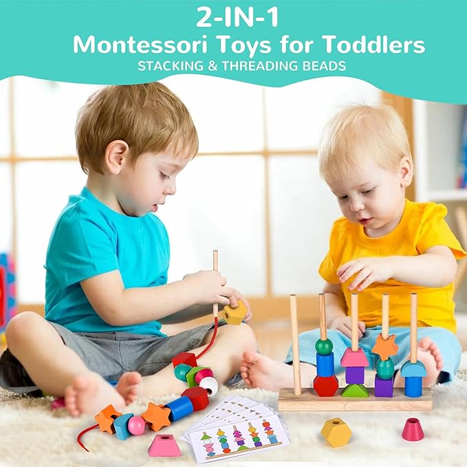 Montessori Bead Sequencing Toy Set, Wooden Stacking Blocks & Lacing Beads & Matching Shape Colors Stacker, Montessori Toys for 2 3 4 5 Year Old, Toddlers Preschool Learning Fine Motor Skills Toys