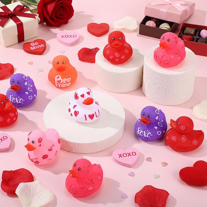 Jerify 12 Pcs 2 Inch Valentine's Day Rubber Duckies Bulk Mini Heart Rubber Ducks for Kids Bathtub Toys Classroom Prizes Birthday Wedding Party Favors Gifts Goodie Bag Fillers, 6 Styles (Colorful)