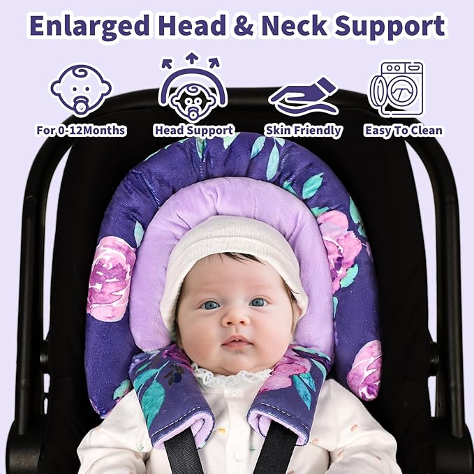 Baby Car Seat Head Support with Extra Headrest, 2-in-1 Babybody Supports with Shoulder Pads Set for Newborn, Adjustable Infant Car Seat Insert Compatible with Stroller, Baby Swing (Purple Flower)