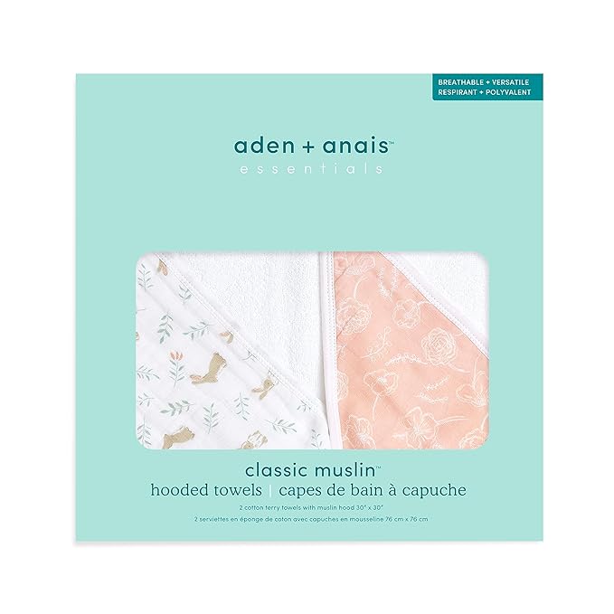 aden + anais Essentials Hooded Baby Bath Towel, Super Soft 100% Cotton, 2 Pack, Blushing Bunnies