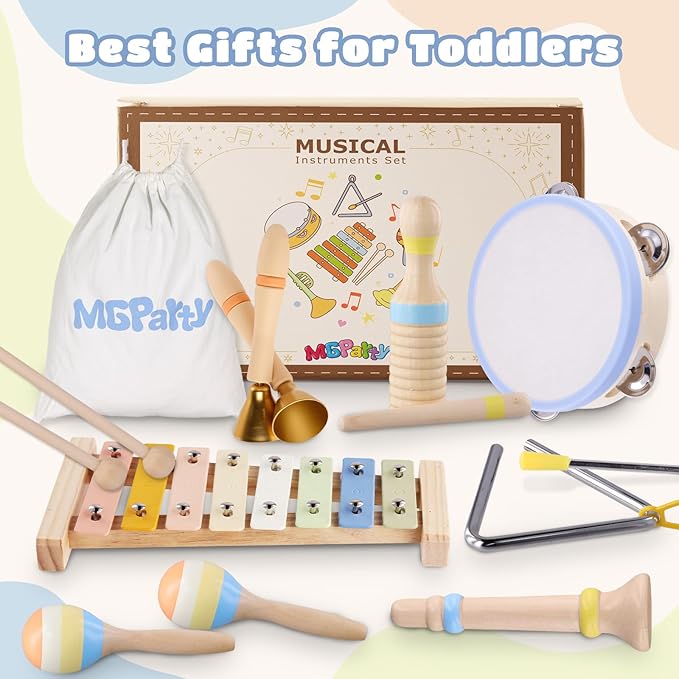 Baby Musical Instruments, Montessori Wooden Musical Toys for Toddlers 1–3, Xylophone Tambourine Triangle Maracas, Wooden Baby Instruments, Kids Preschool Educational Toys, Birthday Gift for Boys Girls