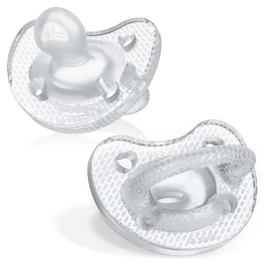 Chicco PhysioForma Luxe Orthodontic Pacifier for Babies 6-16 Months, One-Piece 100% Soft Silicone, Supports Breathing, Textured Shield & Handle, Sterilizing Case, BPA Free, 2-Pack, Crystal
