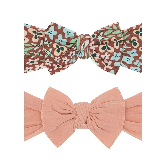 Baby Bling Bows - Newborn to Little Baby Girl Bows, 2PK PRINT SOLID KNOTS Nylon Super Soft Stretchy Toddler Headbands, Perfect Hair Accessories Head Bands for Infant Kids (Spice Floral & Rose Gold)
