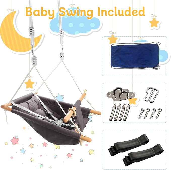 Baby Swing Outdoor Indoor for Infants to Toddlers, Portable Adjustable Baby Porch Swing with 5-Point Safety Belt, Kids Tree Hanging Chair Toys for Door Garden Backyard