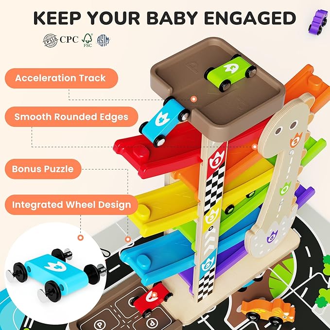 Wooden Car Ramp Set for Toddlers 1-3 Years Old Montessori Race Track Toy with 8 Mini Cars, Garage & Parking Lot, Educational Learning Toys First Birthday Baby Gifts for Boys & Girls 2-4 Year Old Kids