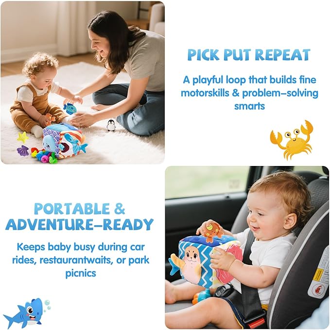 SAIMAND Baby Toys 6-12 Months–Mystery Soft Box with 5 Plush Marine Animals,Rattle,Crinkle Paper & Mirror–Montessori Sensory Toys for 6 Month Old Babies 1-3 Year Old Boy Girl Birthday