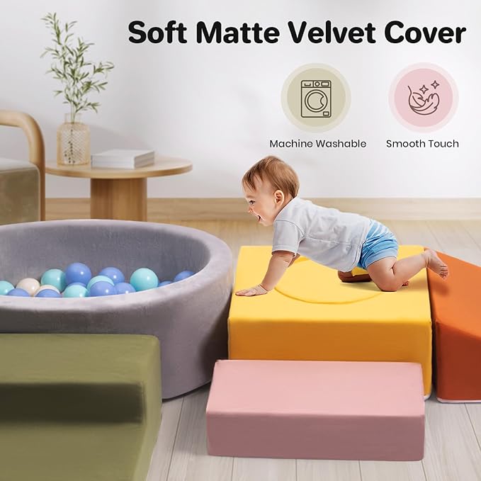 Rinnebbit 6-Piece Foam Climbing Blocks for Toddlers, Climb and Crawl Soft Play Set, Machine Washable Cover, Indoor Activity Play Structure, Climbing Toys for Toddlers 1-3 (Multi-Color, w/Ball Pit)