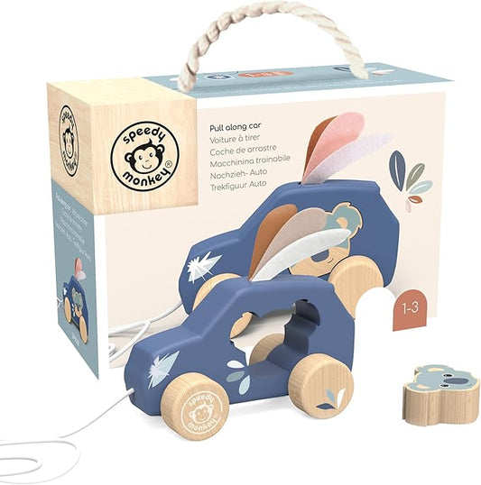 Speedy Monkey Wooden Pull‑Along Car for Toddlers 12m+ | Multicolor Rolling Pull Toy for Kids, Boys & Girls | Baby Toy Early Learning Activity Play – Enhances Balance, Gross Motor Skills & Coordination