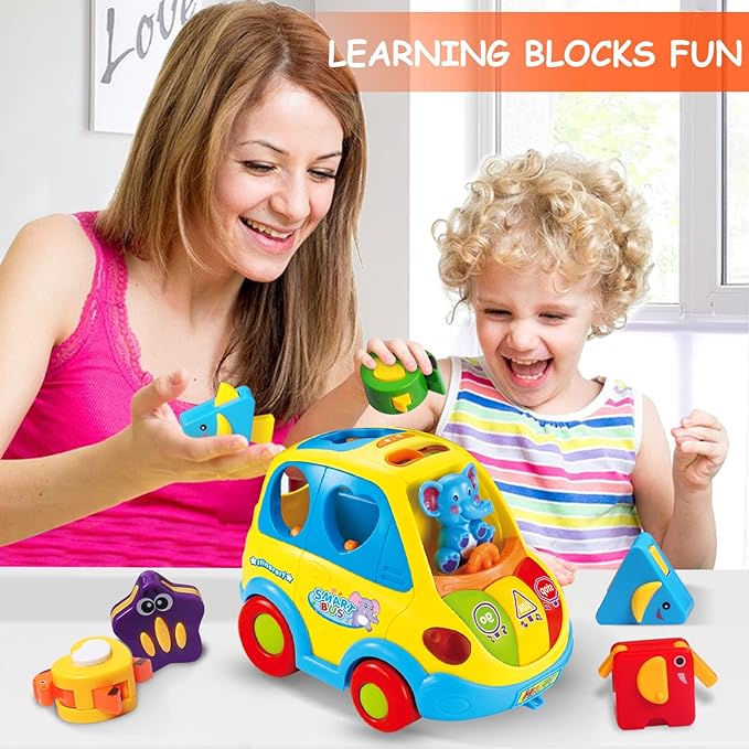 Baby Toys for 1 Year Old Boy Girl Gift Musical Bus Baby Toys 6-12-18 Months Toddler Early Learning Montessori Crawling Toy for 1 2 3 Year Old Boy with Music/Light/Smart Shapes Christmas Birthday Gifts