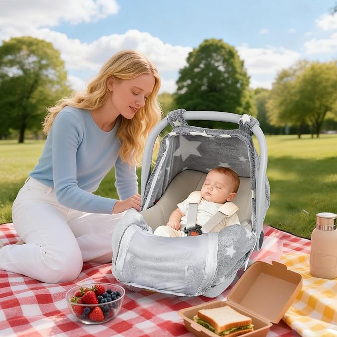 Car Seat Cover Baby Boys Girls, Soft Flannel Infant Carseat Cover with 2 Zipper Windows, Star Carrier Cover Canopy Glow in The Dark, Comfortable & Machine Washable, Gray
