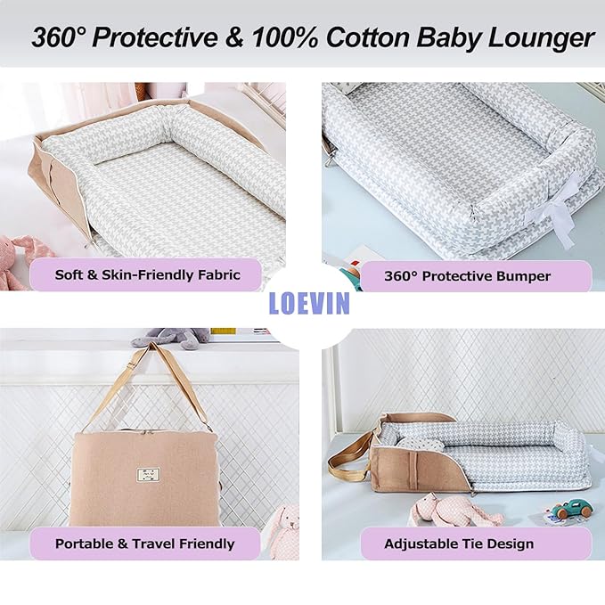 Baby Lounger for Newborn Portable Bag,Baby Nest Play Gym mat with Strap,Newborn Lounger Adjustable Size & Inner Zipper Lengthen Space to 24 Months(Gray Thousand Bird Check)