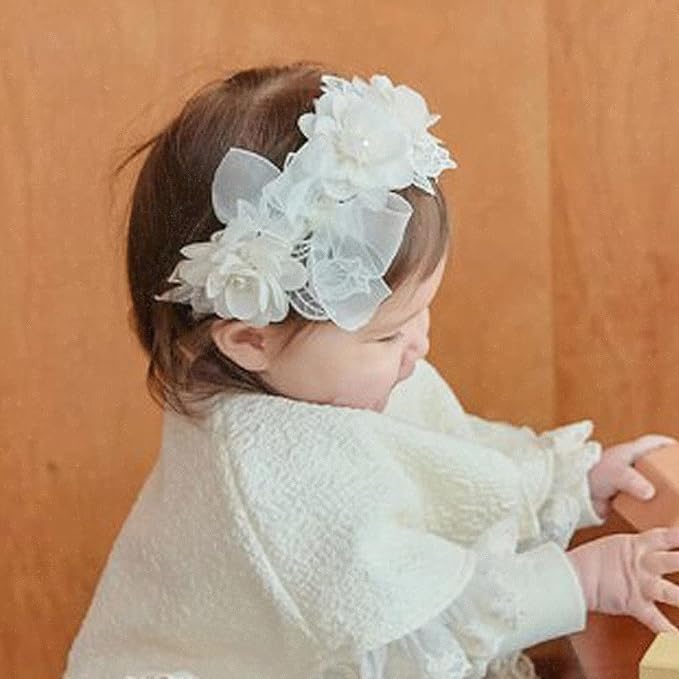 White Lace Flower Headband for Baby Girls Toddler Christening Baptism Hairband Soft Lace Floral Birthday Party Hair Accessories for Newborn Infants Kids (Style 11, One size)