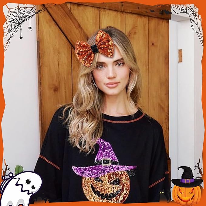 Halloween Hair Bows Clips for Girls Sequins Large Bows Alligator Hair Clip for Bows Hair Accessories Bows with Clip for Women Kids Toddlers Teens Orange
