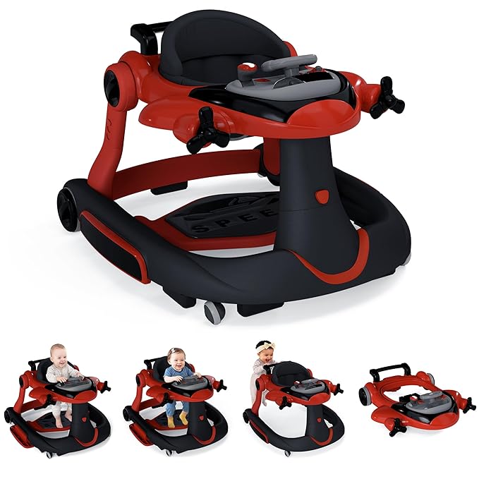 Todefull 7-in-1 Baby Walker with Wheels, Anti-Slip Base, Speed Control, 3 Level Adjustable Height with Music & Lights Box, Foldable Walkers for Babies 6-12 Months, Boys & Girls
