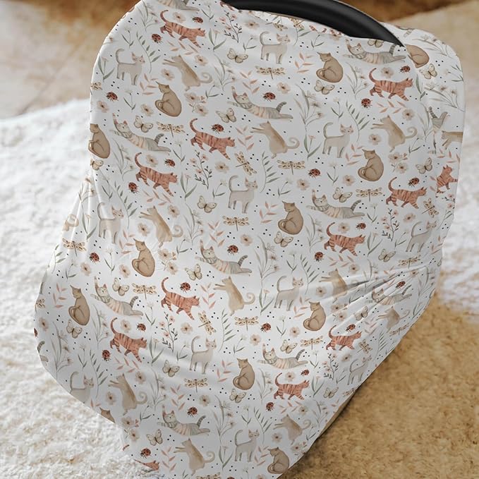 Cute Cat Boho Floral Leaves Baby Car Seat Covers Fun Kittens Meadow Butterflies Stretchy 5-in-1 Cover Adjustable Infant Carseat Canopy Cover Cats Lover Gift Breathable Nursing Cover-Up