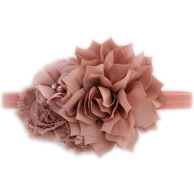 My Lello Headband Shabby Fabric Flower Cluster Baby - Infant - Toddler - Girl Stretchy Elastic Dusty Rose
