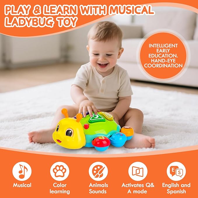Baby Toys 6-12 Months, Crawling Musical Baby Toy with Obstacle Avoidance, Lights & Music, Interactive Tummy Time Learning Toy with Animal Sounds, English Spanish Developmental Gift for Boys & Girls