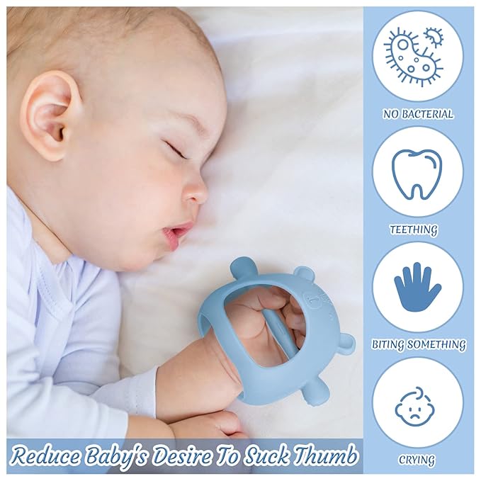 Chumia 3 Pack Teething Toys for Babies 0-6 Months Silicone Hand Teethers Baby Anti Dropping Hand Pacifiers Infant Chew Toys for Sucking Needs(Blue, Caramel, Green)