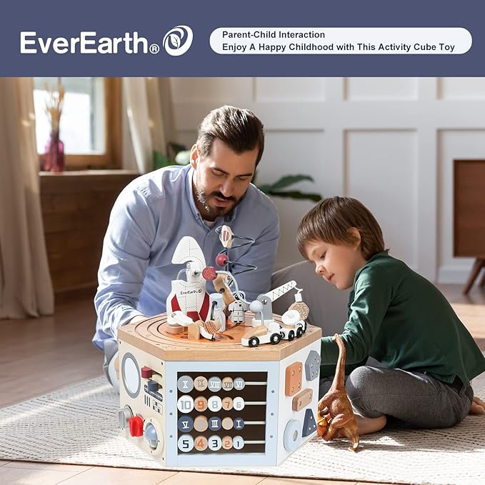 EverEarth Wooden Activity Cube with Bead Maze, Space Activity Cube for Toddlers 1-3 Girls Boys Multi Play Educational Learning Montessori Cube Toddler Toy Wood Shape Color Sorter - FSC Certified