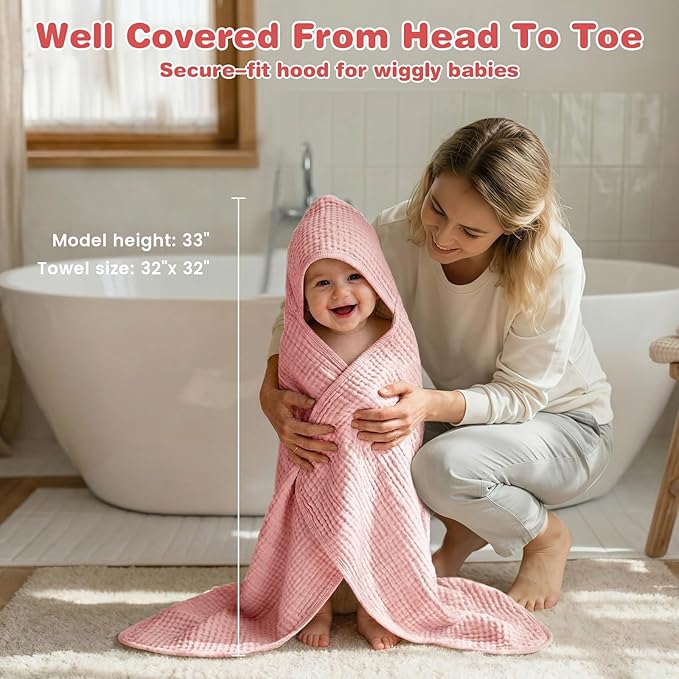 Hooded Baby Bath Towels for Newborn, 2 Pack - 6-Layer 100% Muslin Cotton, Soft Absorbent Baby Towels with Hood for Babies, Infants & Toddlers, Large 32x32 Inch Unisex Newborn Baby Bath Essentials
