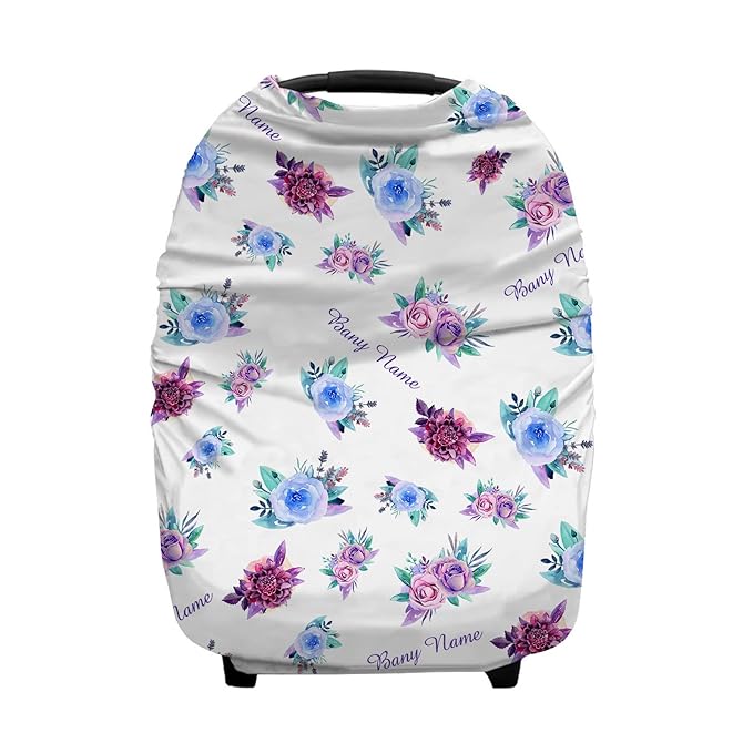 Personalized Purple Flower Baby Car Seat Covers with Name, Custom Floral Nursing Cover Breastfeeding for Babies, Carseat Canopy for Girls, Infant Stroller Cover, Breathable Carseats Cover