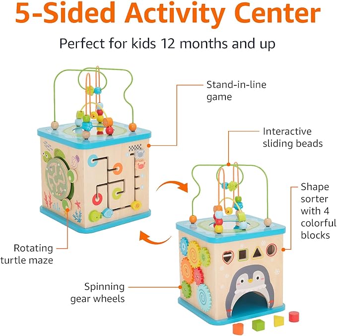Amazon Basics Kids Wooden Activity Cube, Educational Learning Toy with Bead Maze and Shape Sorter, Developmental Fine Motor Skills, Gift for Toddlers Age 12M+, Multicolor, 13.4x22.5x13.4inches