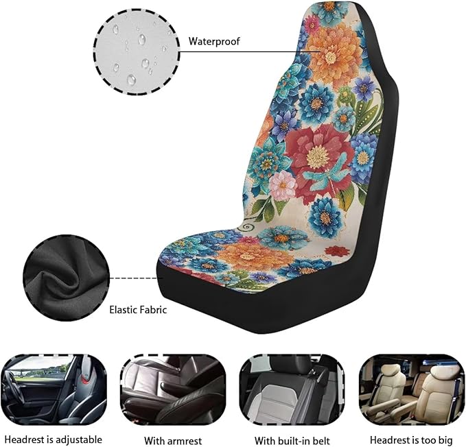 Hippie Floral Automobile Seat Cover, Universal Seat Covers for Front Seat Waterproof Elastic Polyester Car Seat Protector Covers Suitable for Cars, SUV and Trucks