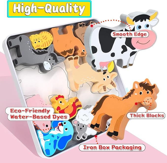 KECIABO Wooden Animal Puzzles Toys for Toddlers,12 Pcs Farm Animal Figures,Animal Matching Sorting Stacking Toys for Boys Child Girls,Educational Learning Toys Gift for Kids