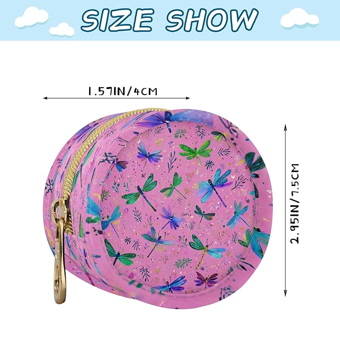 Pacifier Holder with Clip Pacifier Case for Diaper Bag Round Baby Pacifier Pouch Box Bag Portable Deep Pink Dragonflies and Leaves