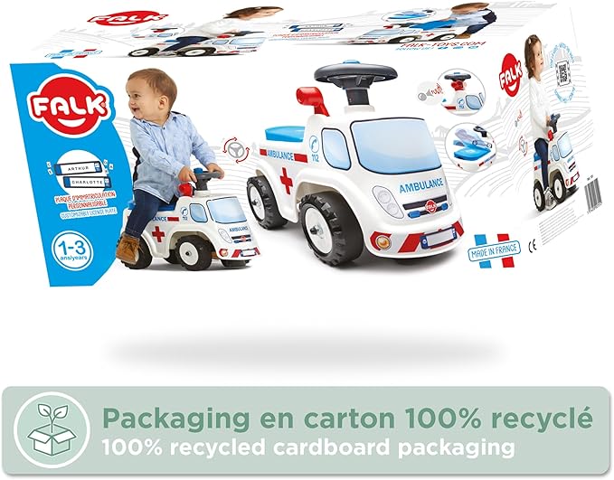 Falk Truck Vehicle with Opening seat and Steering Wheel with a Horn, Push Ride-On Toy for Toddlers 1-3 Years (Ambulance)