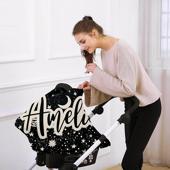 Custom Name Car Seat Canopy - Baby Car Seat Covers, Infant Stroller Cover, Black Pattern Carseat Canopy Christmas Birthday Gifts for Girls and Boys