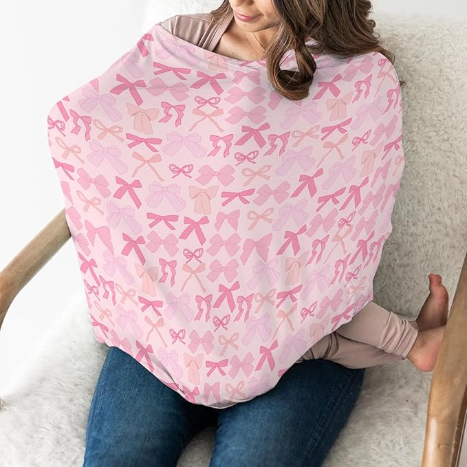 Girl Pink Bows Car Seat Covers for Baby Valentine Bows Stretchy 5-in-1 Cover Adjustable Infant Carseat Canopy Cover Spring Pink Ribbons Breathable Nursing Cover-Up