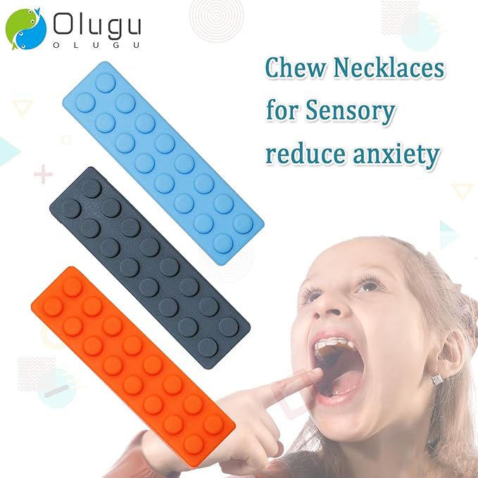 Chewing Necklace for Kids Sensory, Blocks Sensory Necklace for Chewing Boys Girls with Autism, ADHD, Teething, Biting, Chewing Needs, Silicone Chewy Necklace Sensory for Reduce Anxiety -7 Pack