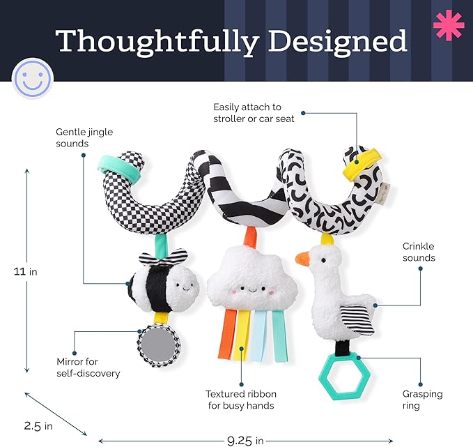 Itzy Ritzy Spiral Car Seat & Stroller Activity Toy - Stroller & Car Seat Toys for Ages 0 Months and Up - Hanging Toys Include Dangling Ring, Mirror and Textured Ribbons (High Contrast)
