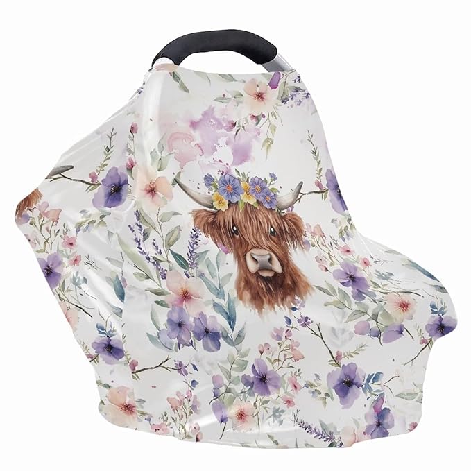Wanyint Highland Cow Floral Violet Car Seat Covers Baby Car Canopy Shopping Cart Cover Scarf Lightweight Stroller Cover Women Mother Nursing Breastfeeding Covers