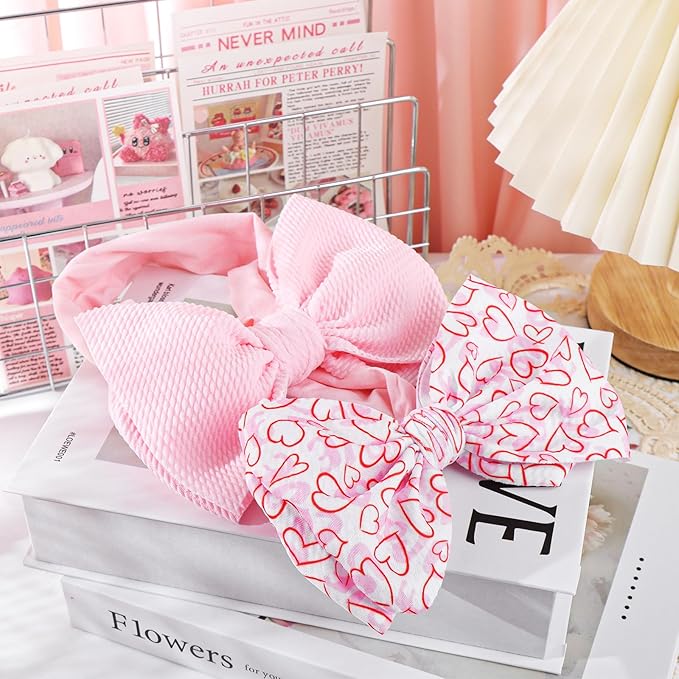 Valentine's Day Baby Bow Headbands for Girls Handmade Pink Love Heart Soft Nylon Baby Hairbands Head Wrap Hair Accessories for Infant Toddler Kid 2Pcs