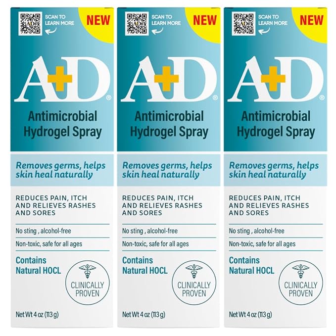 A+D Hydrogel Spray – With Hypochlorous Acid, Helps Heal Rashes & Irritations, Reduces itch & pain, Alcohol-Free, Non-Sting Formula, Safe for All Ages, 4oz 3 Pack