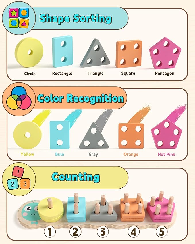 1 Year Old Boy Girl Gifts Montessori Toys for 1 2 Year Old Caterpillar Wooden Shape Sorter Stacking Toys for Toddlers 1-3 Educational Preschool Learning Toy Easter Basket Stuffers Birthday Gift