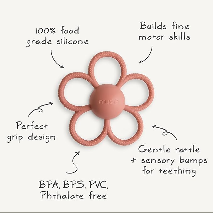 mushie Silicone Baby Daisy Rattle Teether Toy (Dusty Rose)