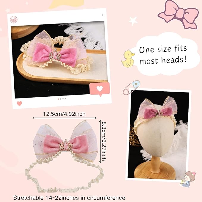 Cute Lace Bow Baby Girls Headbands Large Knot Hair Band Soft Chiffon Hairband Elastic Shower Hair Accessories for Newborn Infant Toddler Kids (Crown, Elastic)