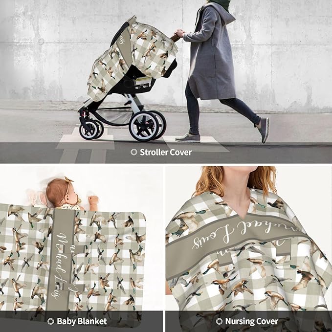 Personalized Wild Duck Baby Car Seat Canopy – Custom Name Opening Minky Nursing Cover, Infant Carseat & Stroller Cover for Newborn Boys Girls